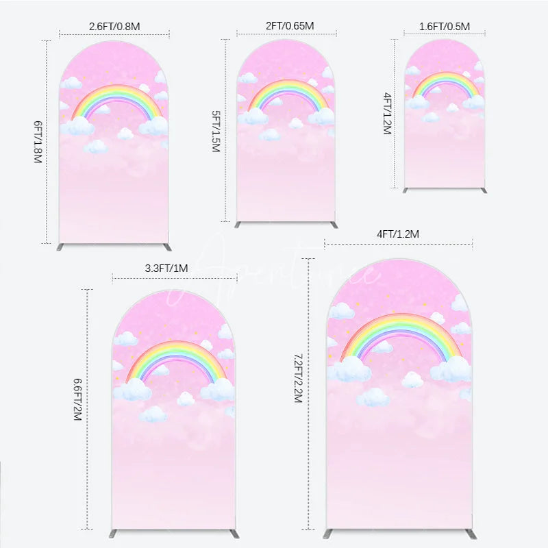 Aperturee - Aperturee Pink Sky Rainbow and Clouds Round Top Arch Backdrop Dreamy Baby Shower Birthday Party Decor