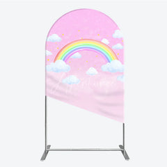 Aperturee - Aperturee Pink Sky Rainbow and Clouds Round Top Arch Backdrop Dreamy Baby Shower Birthday Party Decor