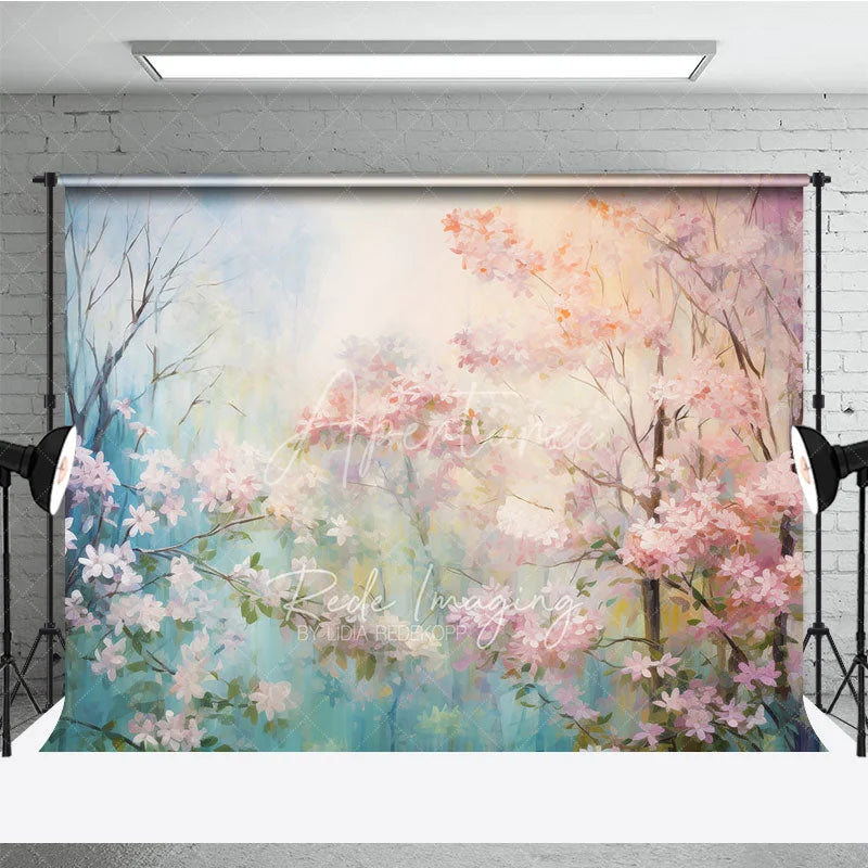 Aperturee - Aperturee Pink Spring Blossom Floral Backdrop Dreamy Forest Flower Tree Oil Painting Background Nature Photography Prop