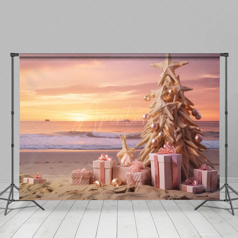 Aperturee - Aperturee Pink Sunrise Sky Beach Christmas In July Backdrop