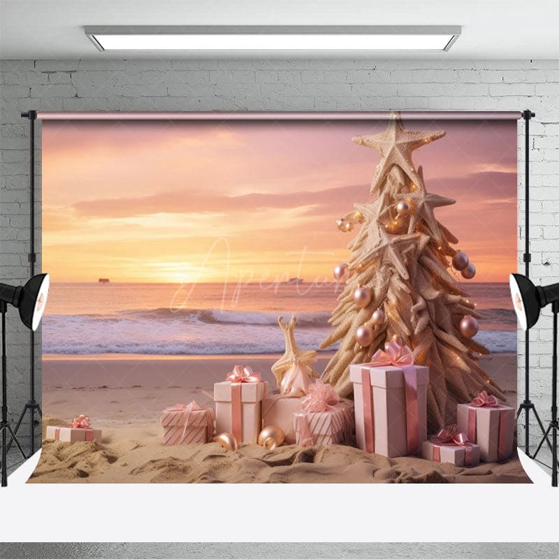 Aperturee - Aperturee Pink Sunrise Sky Beach Christmas In July Backdrop