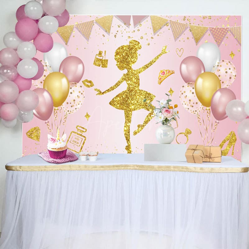 Aperturee - Aperturee Pink Sweet Balloon Ballerina Happy Birthday Backdrop