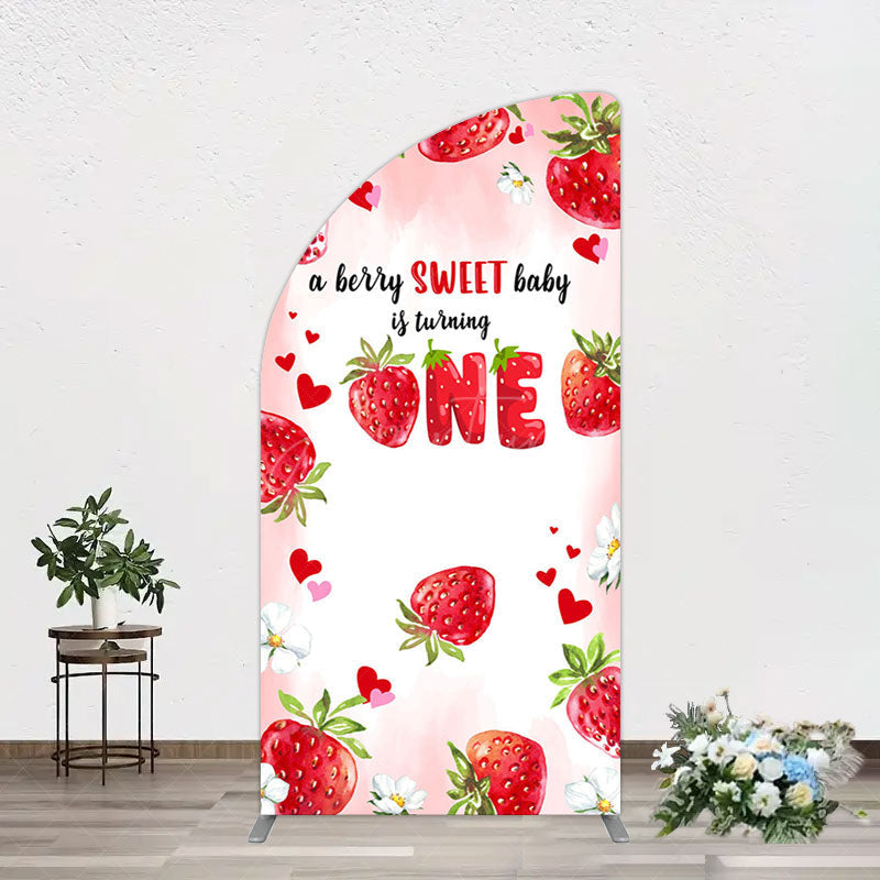 Aperturee - Aperturee Pink Sweet Berry Happy Firsty Birthday Half Moon Arch Backdrop