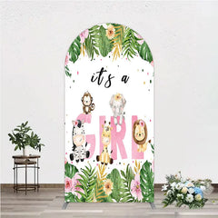 Aperturee - Aperturee Pink Tropical Jungle Animals It’s a Girl Arch Backdrop Kit Safari Elephant Giraffe Zebra Lion for Baby Shower Party
