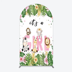Aperturee - Aperturee Pink Tropical Jungle Animals It’s a Girl Arch Backdrop Kit Safari Elephant Giraffe Zebra Lion for Baby Shower Party