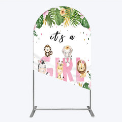 Aperturee - Aperturee Pink Tropical Jungle Animals It’s a Girl Arch Backdrop Kit Safari Elephant Giraffe Zebra Lion for Baby Shower Party