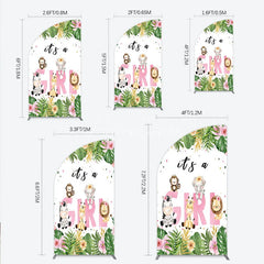 Aperturee - Aperturee Pink Tropical Jungle Animals It’s a Girl Half Moon Arch Backdrop Kit Safari Elephant Giraffe Zebra Lion for Baby