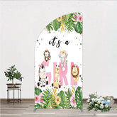 Aperturee - Aperturee Pink Tropical Jungle Animals It’s a Girl Half Moon Arch Backdrop Kit Safari Elephant Giraffe Zebra Lion for Baby