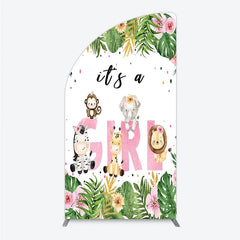 Aperturee - Aperturee Pink Tropical Jungle Animals It’s a Girl Half Moon Arch Backdrop Kit Safari Elephant Giraffe Zebra Lion for Baby