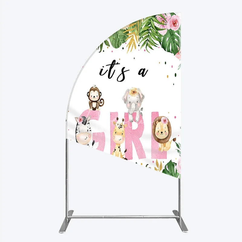 Aperturee - Aperturee Pink Tropical Jungle Animals It’s a Girl Half Moon Arch Backdrop Kit Safari Elephant Giraffe Zebra Lion for Baby