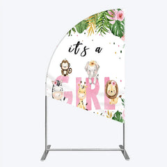 Aperturee - Aperturee Pink Tropical Jungle Animals It’s a Girl Half Moon Arch Backdrop Kit Safari Elephant Giraffe Zebra Lion for Baby