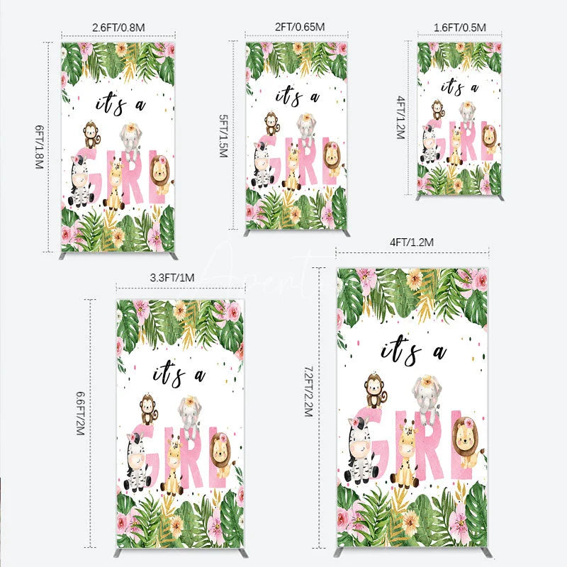 Aperturee - Aperturee Pink Tropical Jungle Animals It’s a Girl Rectangle Backdrop Kit Safari Elephant Giraffe Zebra Lion for Baby Shower