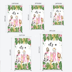 Aperturee - Aperturee Pink Tropical Jungle Animals It’s a Girl Rectangle Backdrop Kit Safari Elephant Giraffe Zebra Lion for Baby Shower