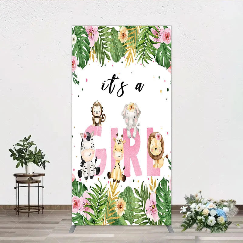 Aperturee - Aperturee Pink Tropical Jungle Animals It’s a Girl Rectangle Backdrop Kit Safari Elephant Giraffe Zebra Lion for Baby Shower