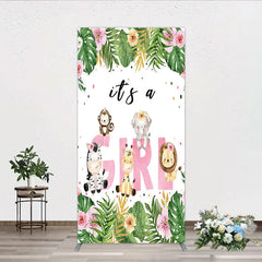 Aperturee - Aperturee Pink Tropical Jungle Animals It’s a Girl Rectangle Backdrop Kit Safari Elephant Giraffe Zebra Lion for Baby Shower