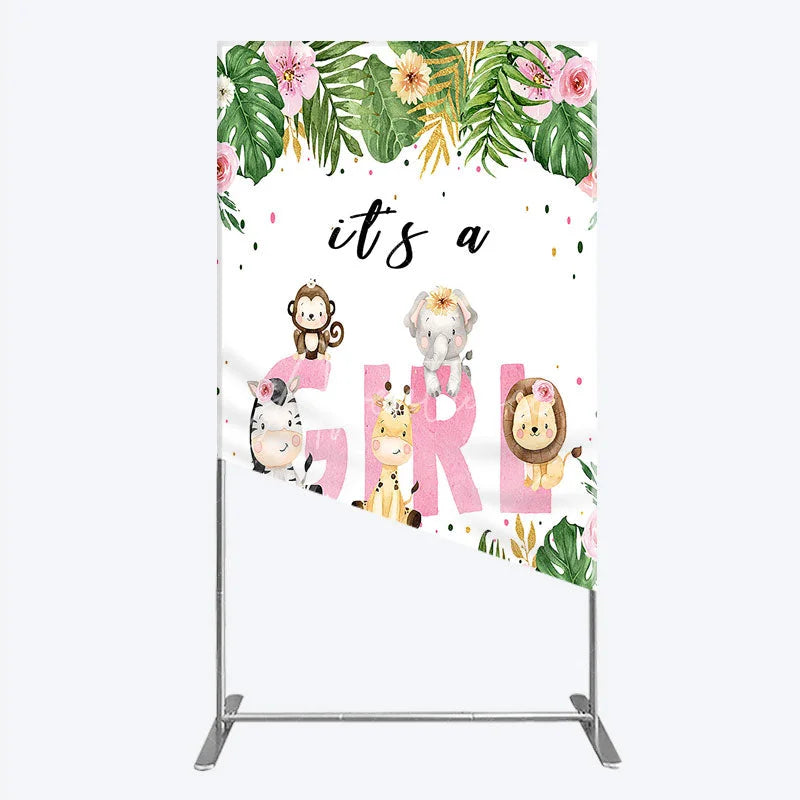 Aperturee - Aperturee Pink Tropical Jungle Animals It’s a Girl Rectangle Backdrop Kit Safari Elephant Giraffe Zebra Lion for Baby Shower