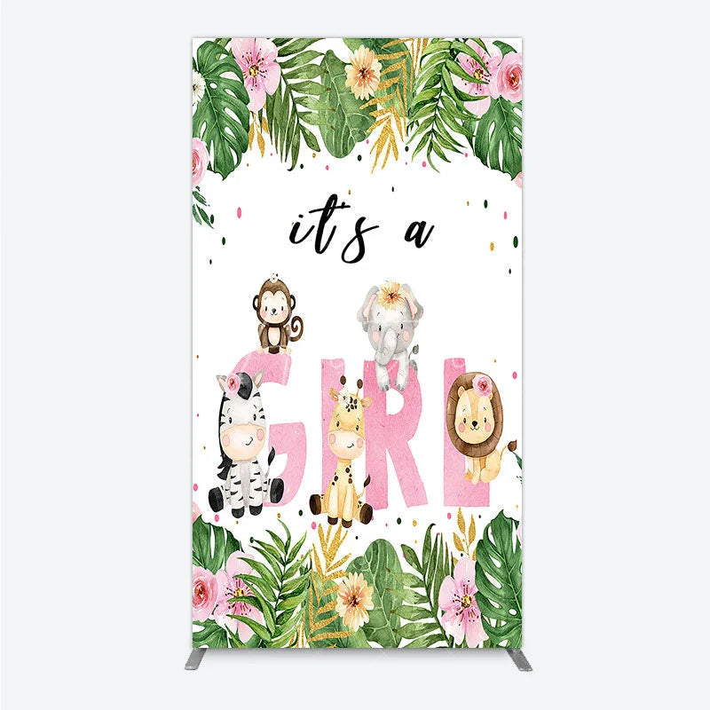 Aperturee - Aperturee Pink Tropical Jungle Animals It’s a Girl Rectangle Backdrop Kit Safari Elephant Giraffe Zebra Lion for Baby Shower
