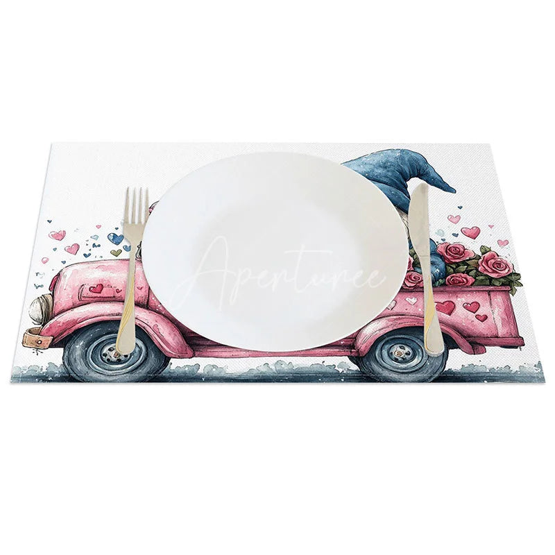 Aperturee - Aperturee Pink Truck Gnome Rose Set of 4 Placemats Love Sign Valentine Decoration Farmhouse Floral Table Mat