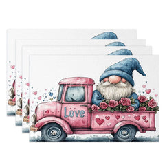 Aperturee - Aperturee Pink Truck Gnome Rose Set of 4 Placemats Love Sign Valentine Decoration Farmhouse Floral Table Mat