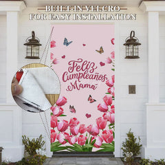 Aperturee - Aperturee Pink Tulip Feliz Cumpleanos Mama Birthday Door Cover