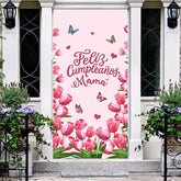 Aperturee - Aperturee Pink Tulip Feliz Cumpleanos Mama Birthday Door Cover