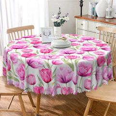 Aperturee - Aperturee Pink Tulip Floral Round Tablecloth Watercolor Spring Flower Garden Table Cover for Easter