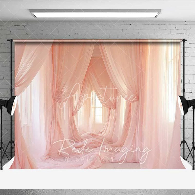 Aperturee - Aperturee Pink Tulle Curtains Maternity Photography Backdrop Soft Fabric Drapes Dreamy Room Background Elegant Pregnancy Photo