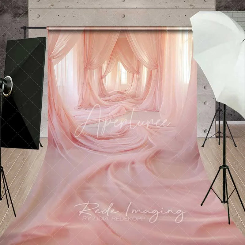 Aperturee - Aperturee Pink Tulle Curtains Sweep Backdrop Soft Fabric Drapes Photography Floor Mat Dreamy Maternity Decoration