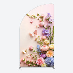 Aperturee - Aperturee Pink Wall Colorful Bouquet Birthday Half Moon Arch Backdrop