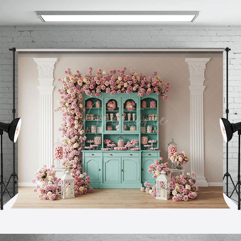 Aperturee - Aperturee Pink Wall Teal Showcase Floral Wedding Photo Backdrop