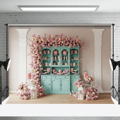 Aperturee - Aperturee Pink Wall Teal Showcase Floral Wedding Photo Backdrop