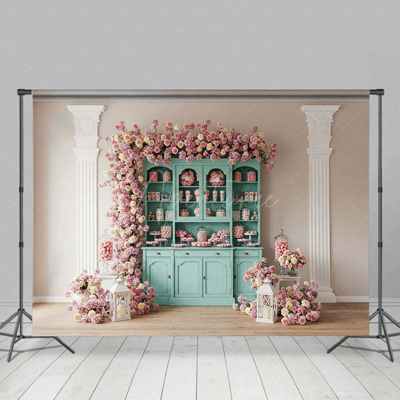 Aperturee - Aperturee Pink Wall Teal Showcase Floral Wedding Photo Backdrop