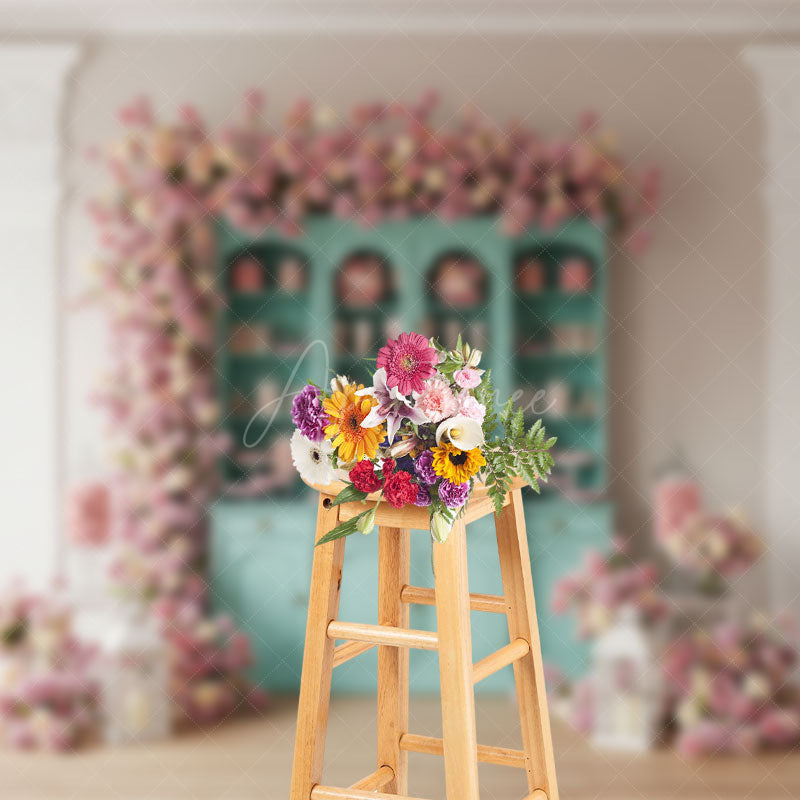 Aperturee - Aperturee Pink Wall Teal Showcase Floral Wedding Photo Backdrop