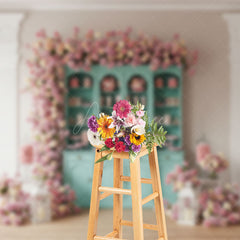 Aperturee - Aperturee Pink Wall Teal Showcase Floral Wedding Photo Backdrop