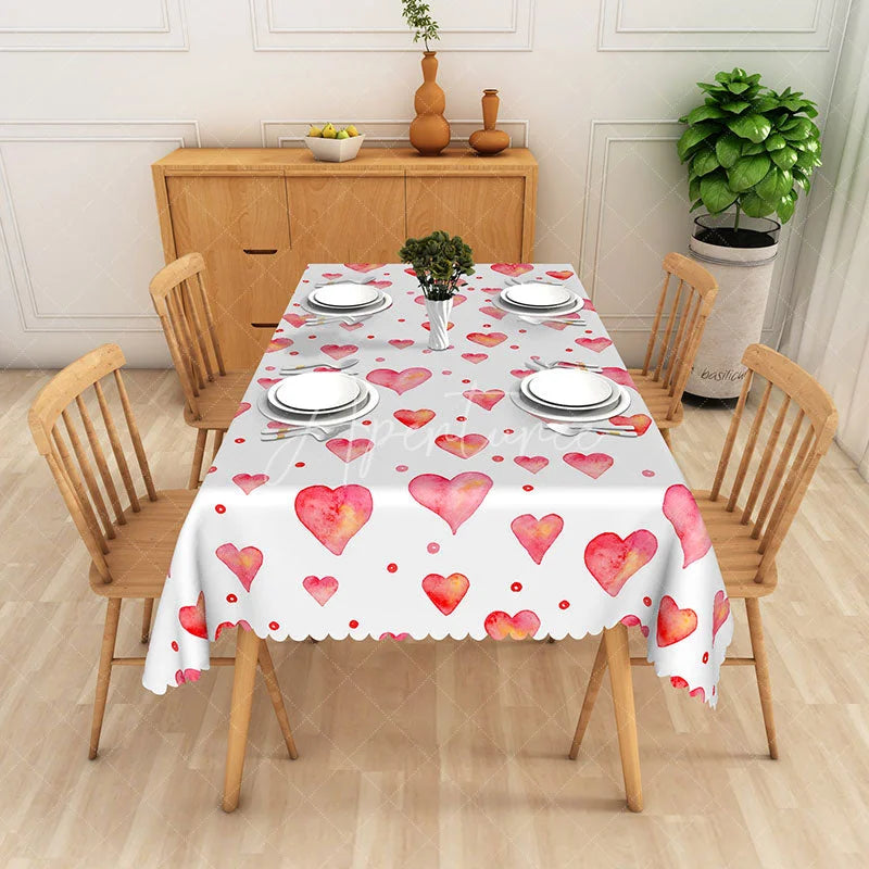 Aperturee - Aperturee Pink Watercolor Heart Rectangle Tablecloth Soft Red Love Pattern Table Cover Valentine Day Baby Shower Decor