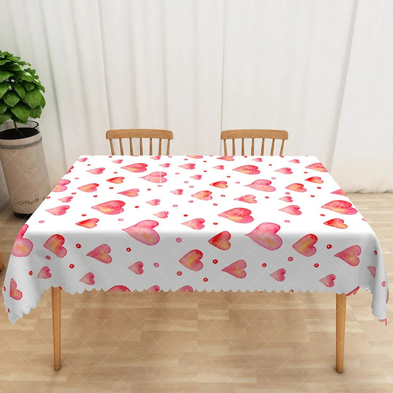 Aperturee - Aperturee Pink Watercolor Heart Rectangle Tablecloth Soft Red Love Pattern Table Cover Valentine Day Baby Shower Decor