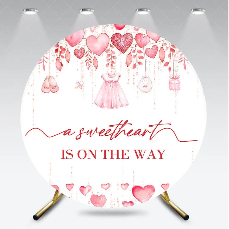 Aperturee - Aperturee Pink Watercolor Hearts Round Backdrop Sweetheart is on the Way Baby Shower Background Girl Circle Cover Photo Shoot