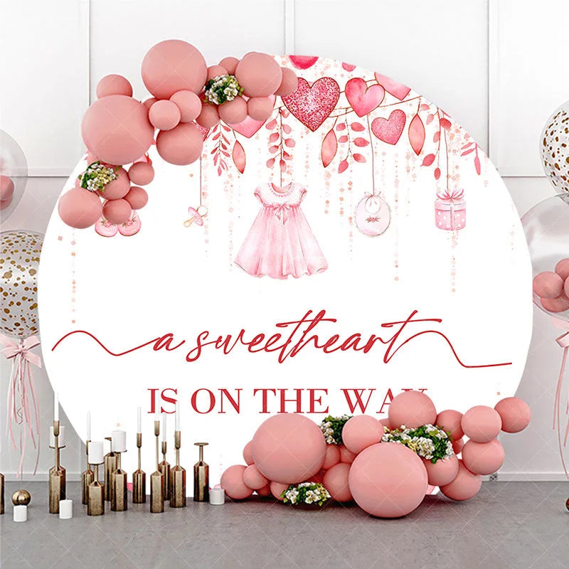 Aperturee - Aperturee Pink Watercolor Hearts Round Backdrop Sweetheart is on the Way Baby Shower Background Girl Circle Cover Photo Shoot