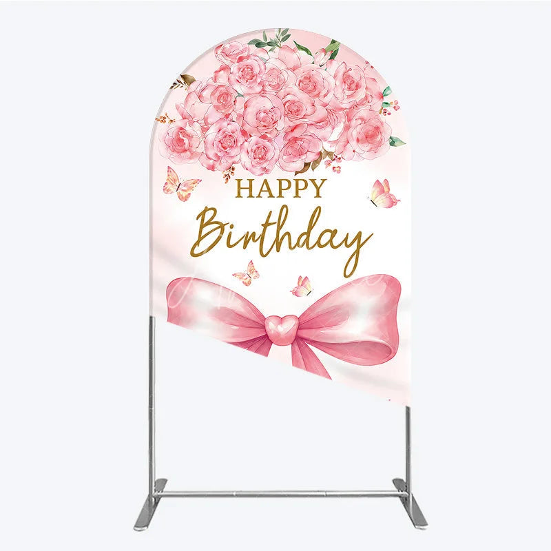 Aperturee - Aperturee Pink Watercolor Roses and Butterflies Round Top Arch Backdrop Elegant Happy Birthday Party Decor with Bow