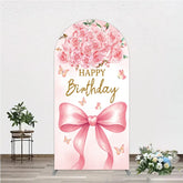 Aperturee - Aperturee Pink Watercolor Roses and Butterflies Round Top Arch Backdrop Elegant Happy Birthday Party Decor with Bow