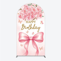 Aperturee - Aperturee Pink Watercolor Roses and Butterflies Round Top Arch Backdrop Elegant Happy Birthday Party Decor with Bow