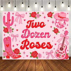 Aperturee - Aperturee Pink Western Country Two Dozen Roses Birthday Backdrop featuring Cowboy Hat Disco Ball and Guitar