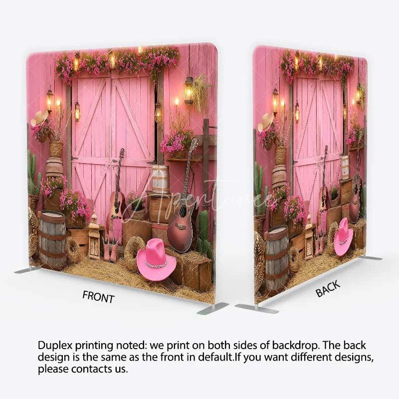 Aperturee - Aperturee Pink Western Cowboy Tension Fabric Backdrop Cowgirl Boots and Guitar Barn Door Party Decorations