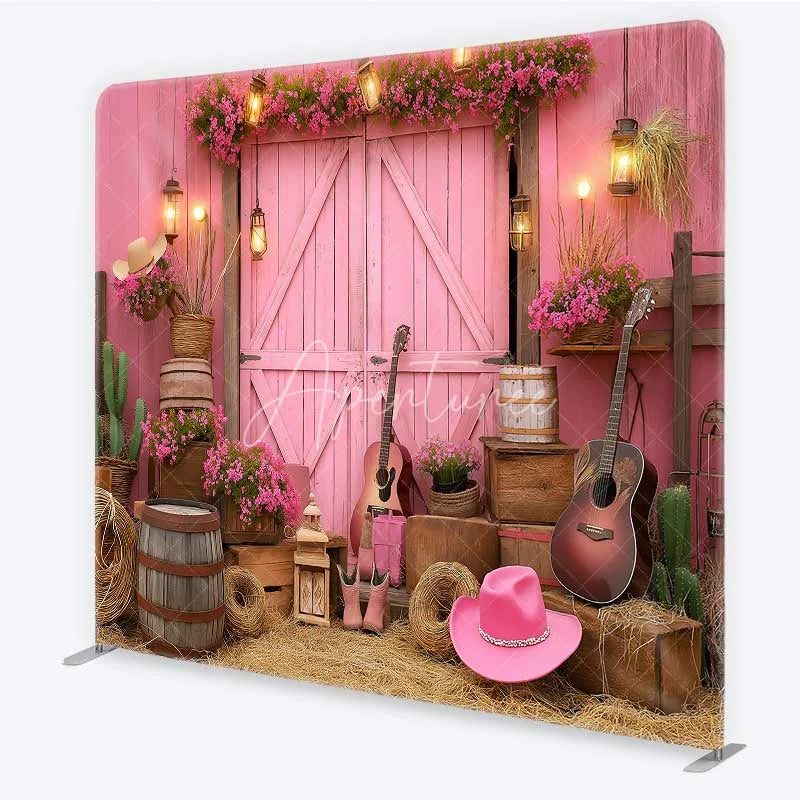 Aperturee - Aperturee Pink Western Cowboy Tension Fabric Backdrop Cowgirl Boots and Guitar Barn Door Party Decorations