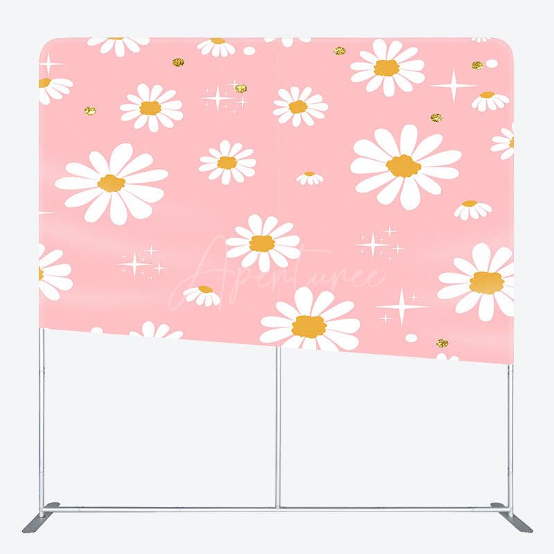 Aperturee - Aperturee Pink White Daisy Floral Sparkle Pillow Cover Backdrop