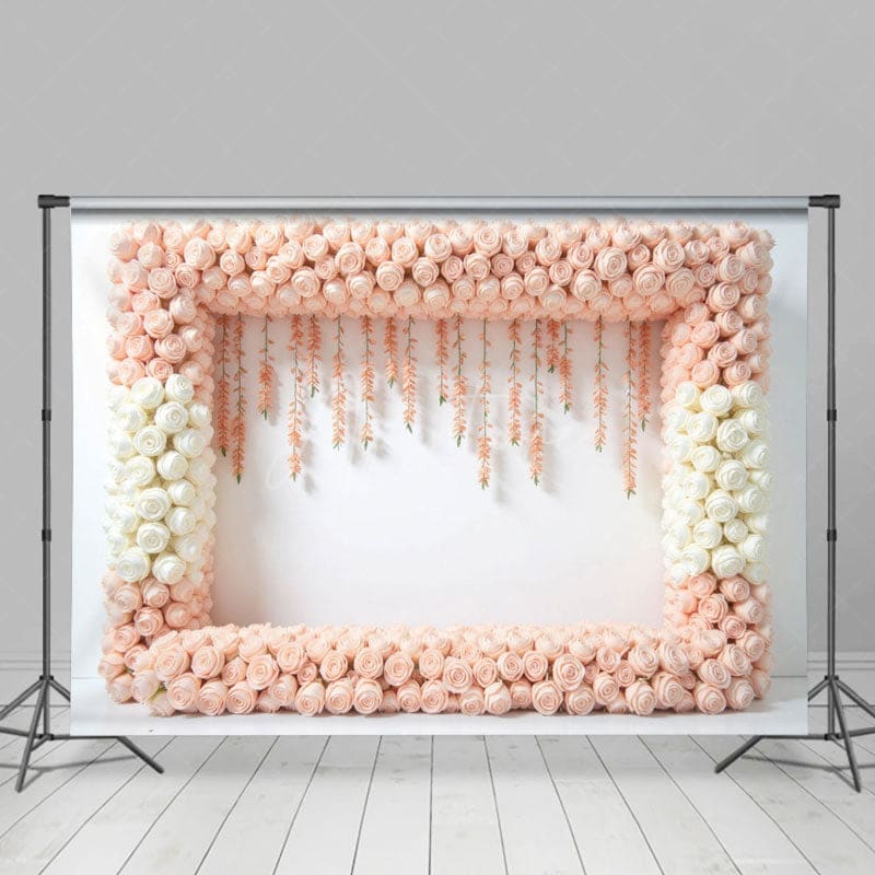 Aperturee - Aperturee Pink White Peach Floral Frame Wedding Photo Backdrop