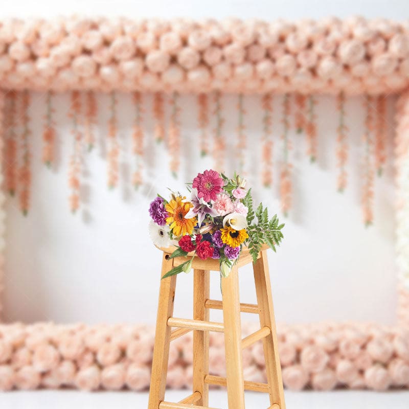 Aperturee - Aperturee Pink White Peach Floral Frame Wedding Photo Backdrop
