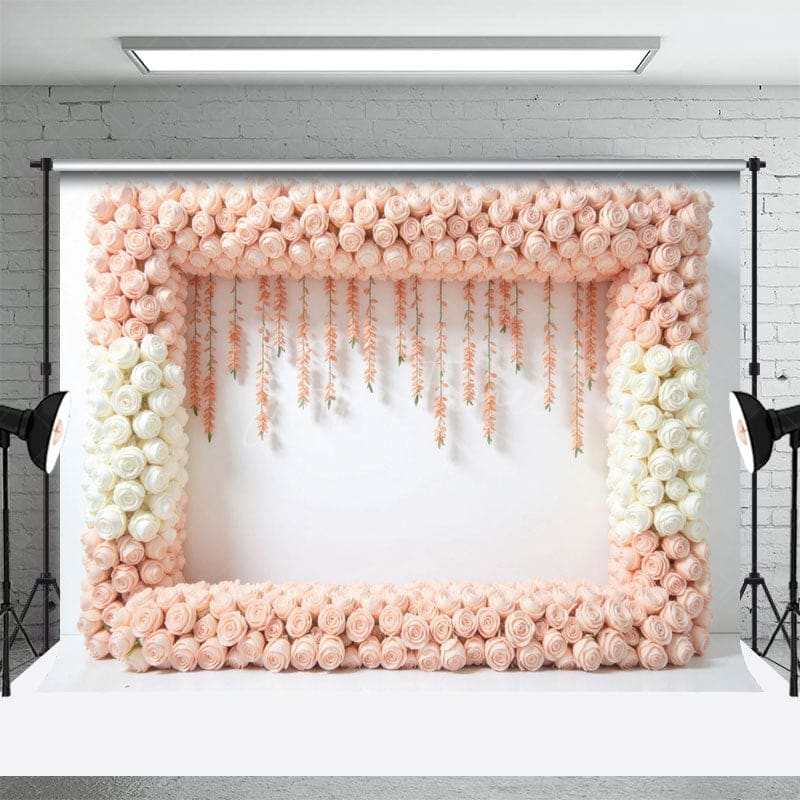 Aperturee - Aperturee Pink White Peach Floral Frame Wedding Photo Backdrop