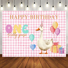Aperturee - Aperturee Pink White Plaid One Silly Goose Birthday Backdrop