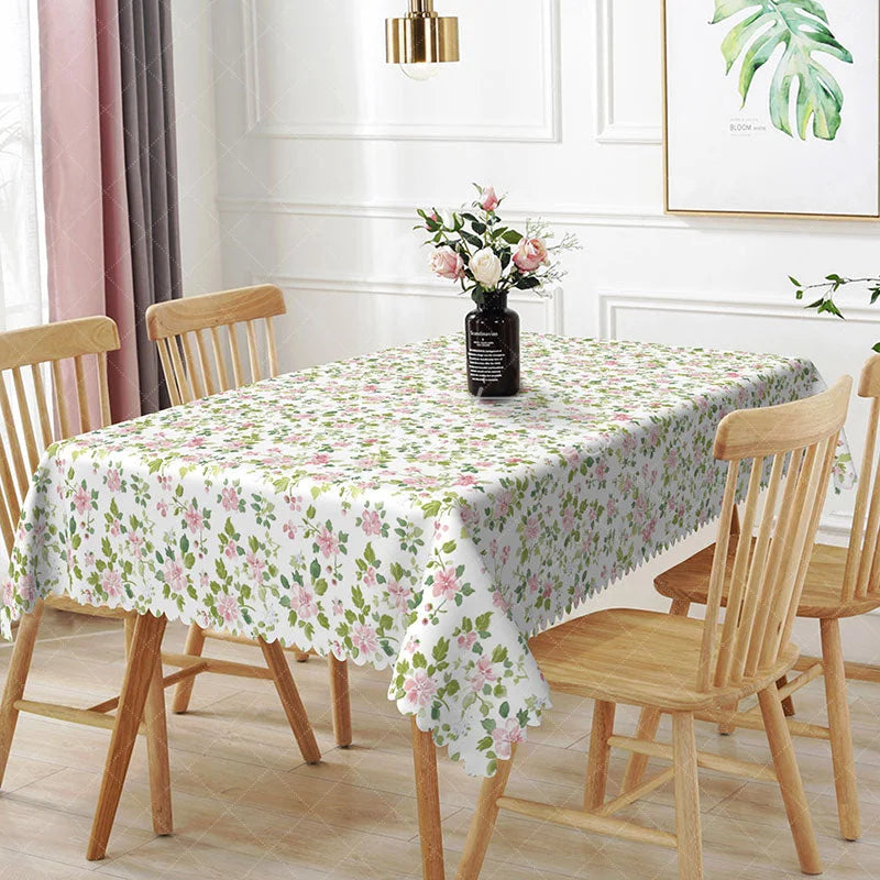Aperturee - Aperturee Pink Wildflower Rectangle Tablecloth Small Ditsy Floral Green Leaves Spring Summer Dining Table Cover Kitchen Decor